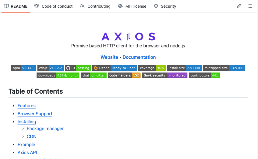 Ejemplo del README del proyecto axios en GitHub